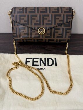 Fendi FF Zucca Wallet on Chain Brown Bicolor Gold Chain WOC 8BS032